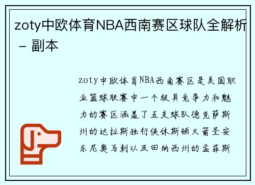 zoty中欧体育NBA西南赛区球队全解析 - 副本